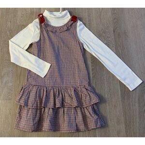 Gymboree Girl’s Size 8 Burgundy Checked Jumper With Matching Ling Sleeve Top